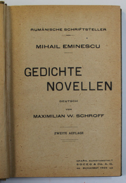 MIHAIL EMINESCU - GEDICHTE NOVELLEN - DEUTSCH von MAXIMILIAN W. SCHROFF , ZWEITE AUFLAGE , 1923