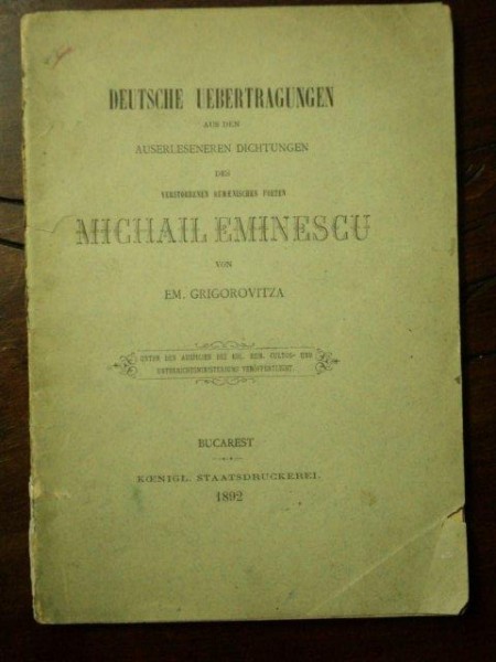 MIHAIL EMINESCU VON EM. GRIGOROVITZA, BUCHAREST, 1892