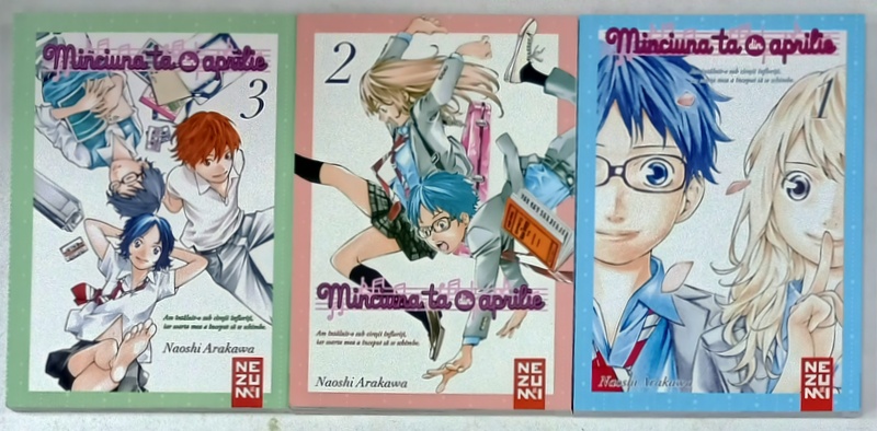 MINCIUNA TA DIN APRILIE de NAOSHI ARAKAWA  , 390 PAGINI , COPERTA BROSATA , BENZI DESENATE * , VOLUMELE 1-3 , BENZI DESENATE CU TEXT IN LIMBA ROMANA , 2023