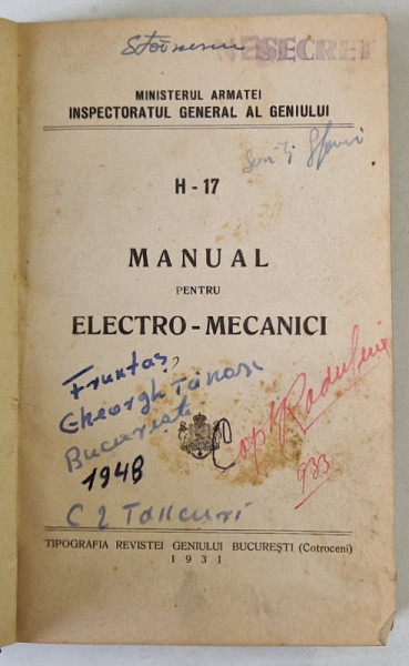 MINISTERUL ARMATEI , MANUAL PENTRU ELECTRO - MECANICI , H-17 , 1931