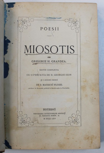 MIOSOTIS - POESII de GRIGORIE H . GRANDEA , 1865 , EDITIA I*