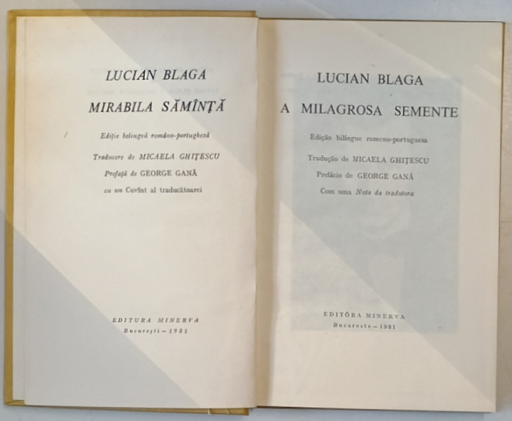 MIRABILA SAMANTA / A MILAGROSA SEMENTE , versuri de LUCIAN BLAGA , EDITIE BILINGVA ROMANA - PORTUGHEZA , 1981