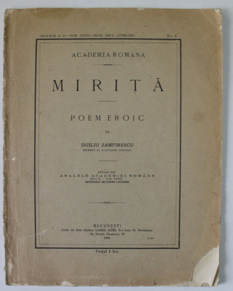 MIRITA , poem eroic de DUILIU ZAMFIRESCU , 1910