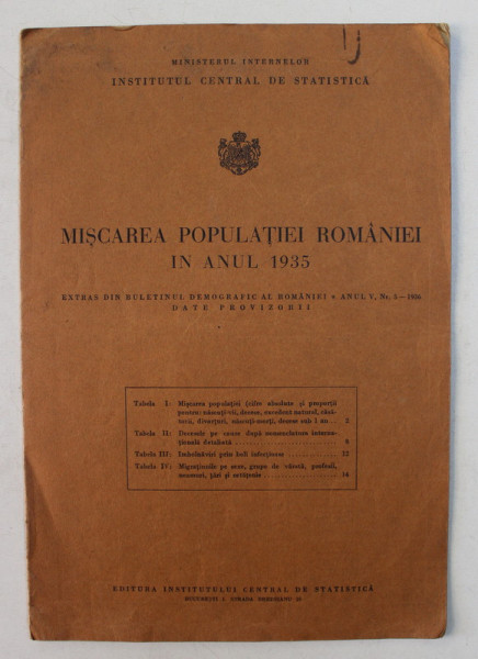 MISCAREA POPULATIEI ROMANIEI IN ANUL 1935  , EXTRAS DIN BULETINUL DEMOGRAFIC AL ROMANIEI , ANUL V  , NR. 5 - 1936