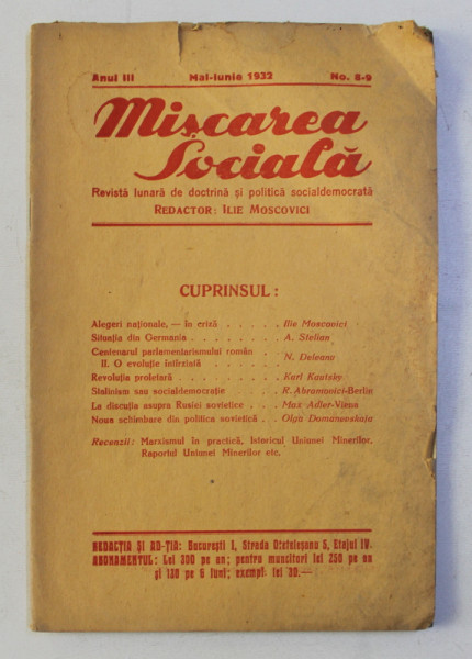 MISCAREA SOCIALA - REVISTA LUNARA DE DOCTRINA SI POLITICA SOCIALDEMOCRATA , ANUL III , NO.  8 - 9  , MAI - IUNI ,  1932