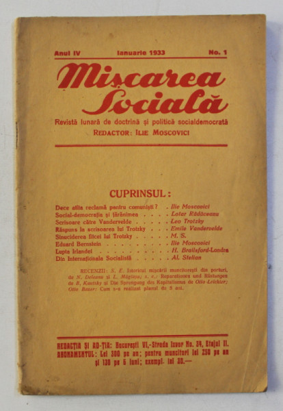 MISCAREA SOCIALA - REVISTA LUNARA DE DOCTRINA SI POLITICA SOCIALDEMOCRATA , ANUL IV , NO. 1  , IANUARIE  ,  1933