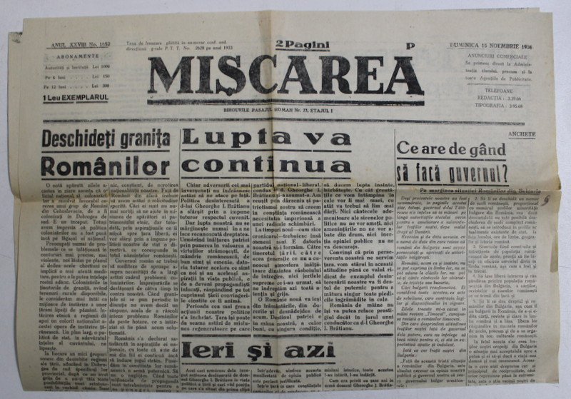 MISCAREA , ZIAR , ANUL XXVIII , NO . 1652 , DUMINICA , 15 NOIEMBRIE , 1936
