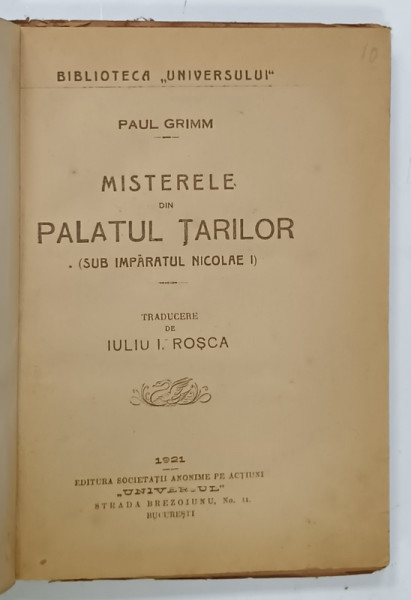 MISTERELE DIN PALATUL TARILOR  (SUB IMPARATUL NICOLAE I )  de PAUL GRIMM , 1921