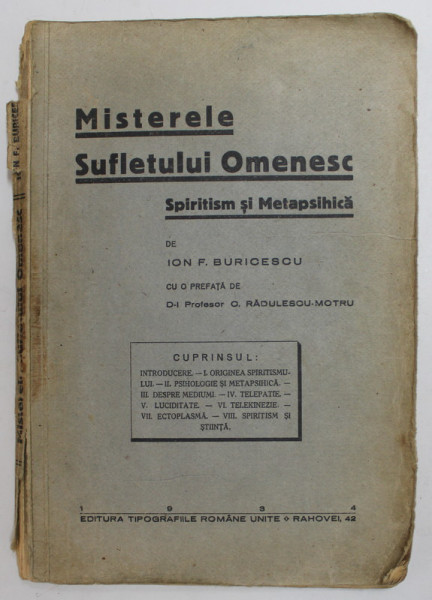 MISTERELE SUFLETULUI OMENESC. SPIRITISM SI METAPSIHICA de ION. F. BURICESCU  1934