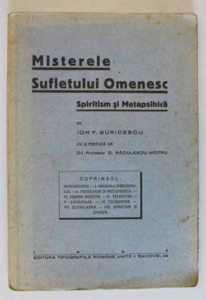 MISTERELE SUFLETULUI OMENESC. SPIRITISM SI METAPSIHICA de ION. F. BURICESCU  1934