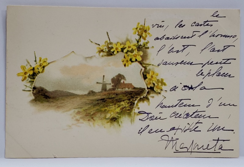 MOARA LA TARA , DESEN , ANCADRAMENT FLORAL , CROMOLITOGRAFIE , CARTE POSTALA , CLASICA