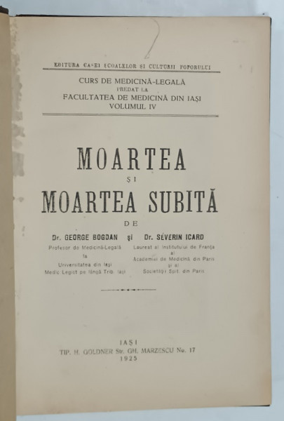 MOARTEA SI MOARTEA SUBITA de Dr. GEORGE  BOGDAN si Dr. SEVERIN ICARD , 1925