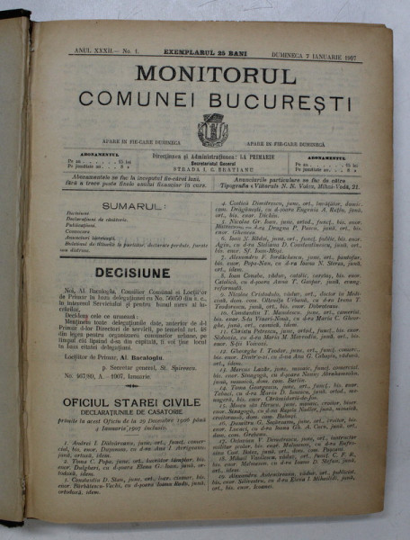 MONITORUL COMUNEI BUCURESTI , APARE IN FIECARE DUMINICA , ANUL XXXII , COLEGAT DE 52 DE NUMERE APARUTE INTRE 7 IANUARIE SI 23 DECEMBRIE 1907
