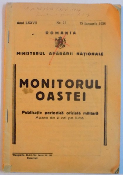 MONITORUL OASTEI , PUBLICATIE PERIODICA OFICIALA MILITARA , ANUL 77 , NR. 21 , 15 IANUARIE 1938