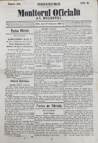 Monitorul Oficial al Moldovei, Nr. 309, Anul III, Luni 30 Octombrie 1861