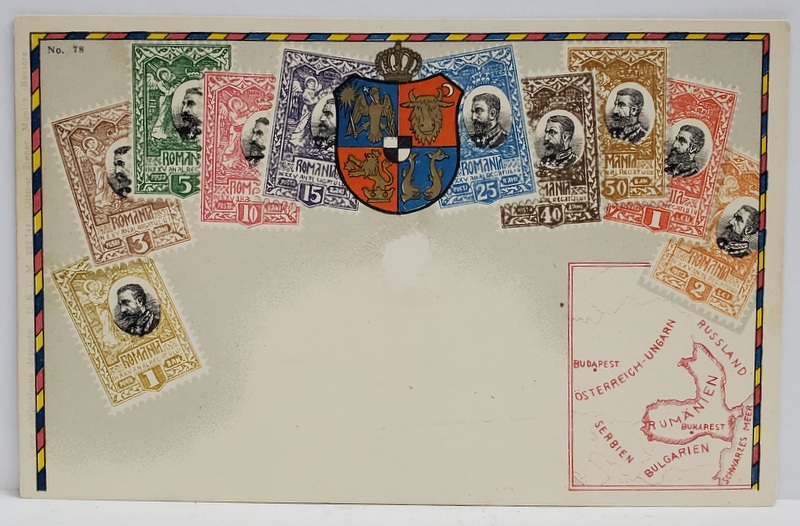 MONTAJ CU 10 TIMBRE EMISE DE REGATUL ROMANIEI, CU PORTRETUL REGELUI CAROL I , STEMA REGALA SI HARTA REGATULUI , CROMOLITOGRAFIE , INCEPUT DE SECOL XX