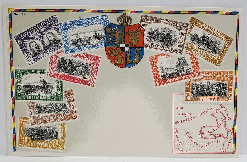MONTAJ CU 10 TIMBRE EMISE DE REGATUL ROMANIEI , STEMA REGALA SI HARTA REGATULUI , CROMOLITOGRAFIE , INCEPUT DE SECOL XX