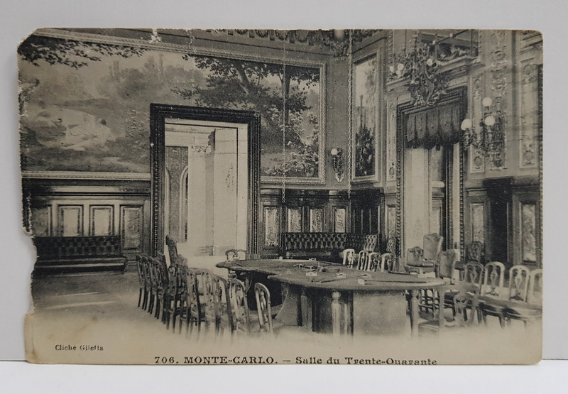 MONTE - CARLO - SALLE DE TRENTE - QUARANTE , CARTE POSTALA ILUSTRATA ADRESATA DOMNULUI PETRE I. STURDZA , MONOCROMA, CIRCULATA , DATATA 1915 , LIPSA FRAGMENT IN PARTEA STANGA *