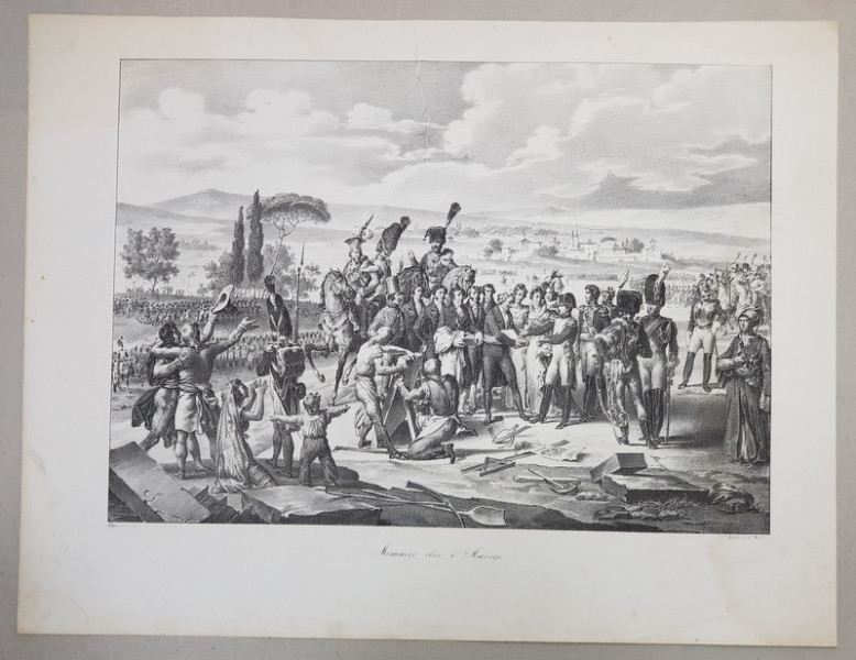 MONUMENT ELEVE A MARENGO (  RIDICAREA MONUMENTULUI DE LA MARENGO ) , LITOGRAFIE de C. MOTTE , MONOCROMA , MIJLOCUL SEC . XIX, PREZINTA O LIPITURA LA PARTEA SUPERIOARA *