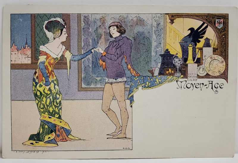 MOYEN - AGE , ALEGORIE CU CAVALER SI PRINTESA , ACUARELA de E. LOVIS , CARTE POSTALA ILUSTRATA , CLASICA