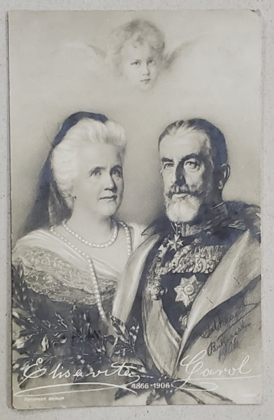 M.S REGELE CAROL I AL ROMANIEI SI M.S . REGINA ELISABETA LA 40 DE ANI DE DOMNIE  , CU SEMNATURILE REPRODUSE , CARTE POSTALA ILUSTRATA , 1910