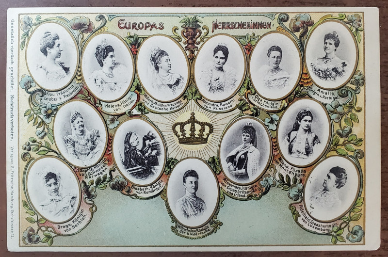 M.S REGINA ELISABETA A ROMANIEI ALATURI DE REGINELE EUROPEI LA 1903 , PORTRETE IN MEDALION  , CARTE POSTALA ILUSTRATA CLASICA , CROMOLITOGRAFIE