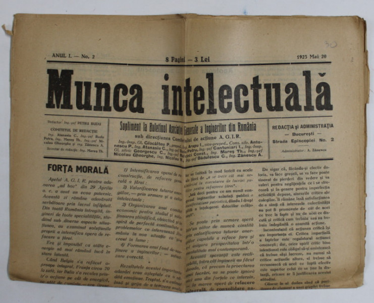 MUNCA INTELECTUALA  , SUPLIMENT LA BULETINUL ASOCIATIEI GENERALE A INGINERILOR DIN ROMANIA , ANUL I , NR. 2 , 20 MAI  , 1923