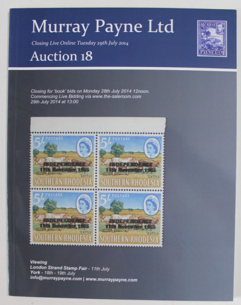 MURRAY PAYNE LTD , AUCTION 18 , CATALOG DE LICITATIE FILATELICA , 2014