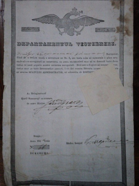Muscel, Departamentul vistieriei, patent de negustor pentru kir Dumitru...1846