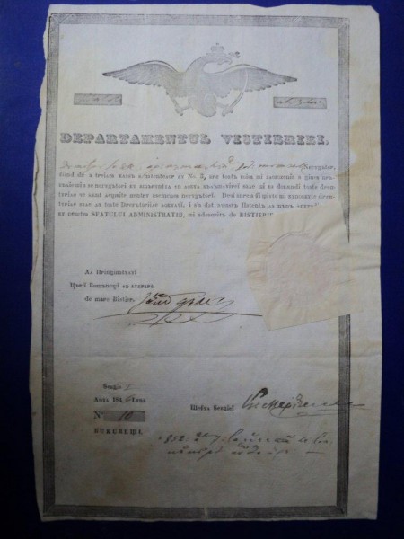 Muscel, Departamentul Vistieriei Patent negustor Dumitru Ioan 1846