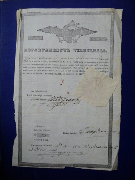 Muscel, Departamentul Vistieriei Patent negustor Nicolae Toader 1846