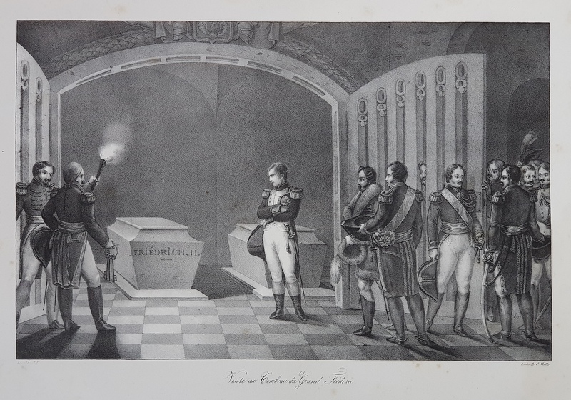 NAPOLEON BONAPARTE   VISITE AU TOMBEAU DU GRAND FREDERIC ( NAPOLEON BONAPARTE LA MORMANTUL LUI FREDERIC CEL MARE )  LITOGRAFIE de C. MOTTE , MONOCROMA , MIJLOCUL SEC. XIX