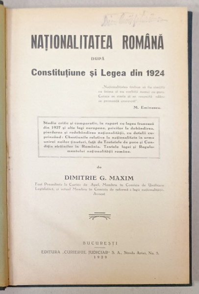 NATIONALITATEA ROMANA DUPA CONSTITUTIUNE SI LEGEA DIN 1924 de DIMITRIE G. MAXIM , 1939