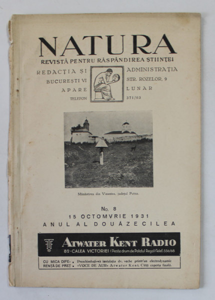 NATURA , REVISTA PENTRU RASPANDIREA STIINTEI , ANUL XVII , NR. 8 , 15 OCTOMBRIE , 1931