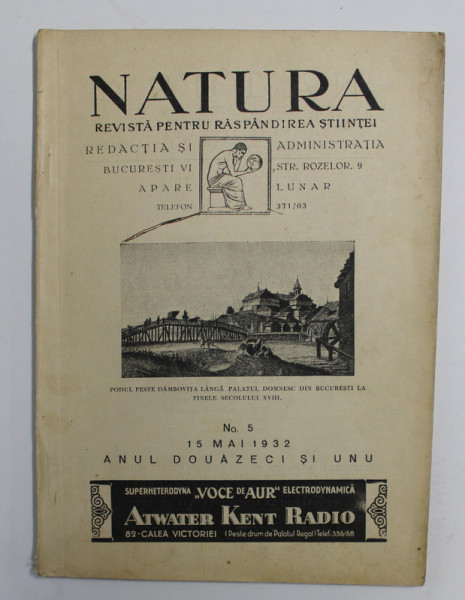 NATURA - REVISTA PENTRU RASPANDIREA STIINTEI , ANUL XXI , NO. 5 , 15 MAI , 1932