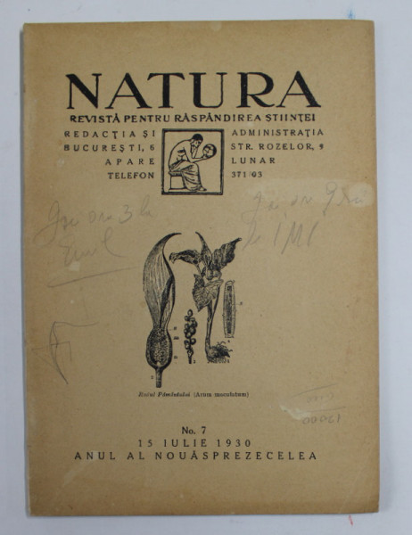 NATURA , REVISTA PENTRU RASPANDIREA STIINTEI , NR. 7 , 15 IULIE  , 1930