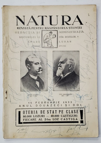 NATURA , REVISTA PENTRU RASPANDIREA STIINTELOR , Nr. 2 , 1933, PREZINTA INSEMNARI PE COPERTA
