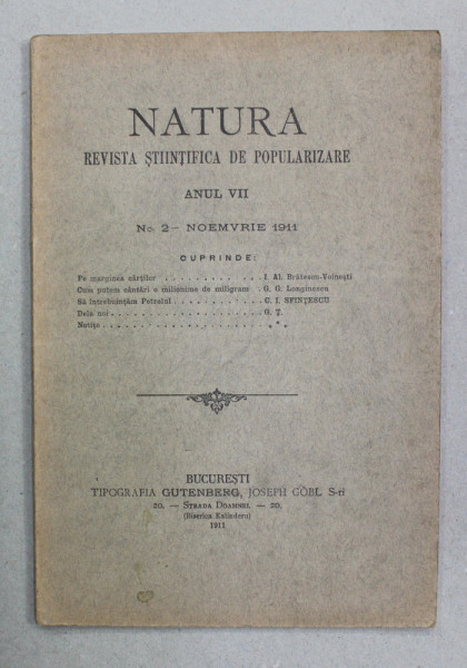NATURA - REVISTA STIINTIFICA DE POPULARIZARE , ANUL VII , NR. 2 , NOIEMBRIE , 1911