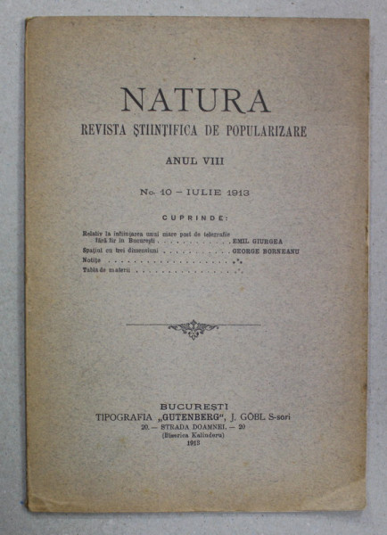NATURA - REVISTA STIINTIFICA DE POPULARIZARE , ANUL VIII , NR. 10 , IULIE ,  1913