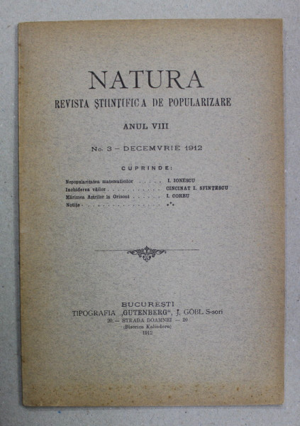 NATURA - REVISTA STIINTIFICA DE POPULARIZARE , ANUL VIII , NR. 3 , DECEMBRIE , 1912