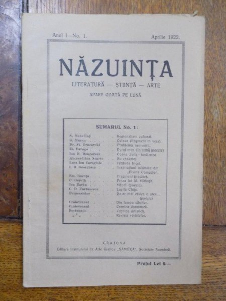 Nazuinta, Literatura, Stiinta, Arte, Anul I, Nr. 1, Aprilie 1922