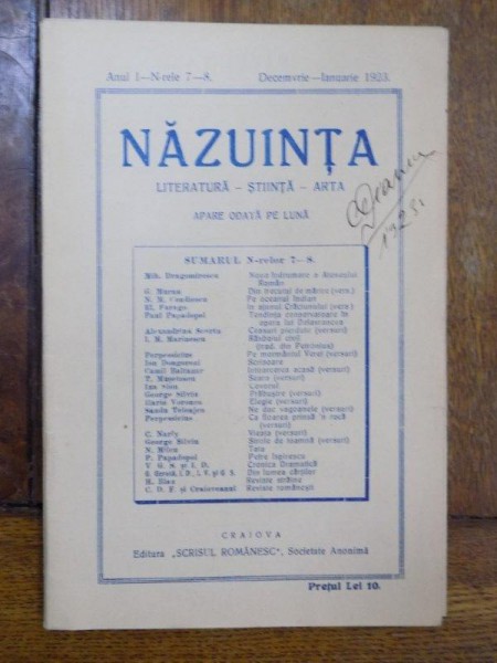 Nazuinta, Literatura, Stiinta, Arte, Anul I, Nr. 7-8, Aprilie 1923