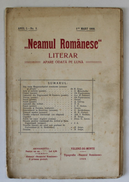 ' NEAMUL ROMANESC ' , LITERAR , REVISTA LUNARA , ANUL I , NO. 3 , 1 MARTIE , 1909