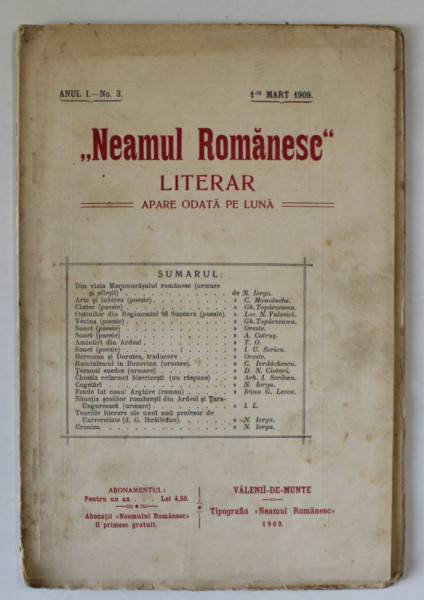 ' NEAMUL ROMANESC ' , LITERAR , REVISTA LUNARA , ANUL I , NO. 3 , 1 MARTIE , 1909