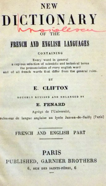 NEW DICTIONARY FRENCH-ENGLISH AND ENGLISH-FRENCH by E. CLIFTON