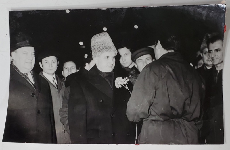 NICOLAE CEAUSESCU SI ILIE VERDET INTAMPINATI CU FLORI DE UN MUNCITOR , IN VIZITA DE LUCRU , FOTOGRAFIE DE PRESA , ANII ; 70