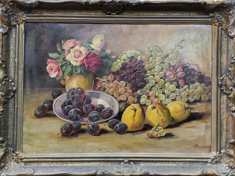 Nicolae Pertache (1913-1983) - Natura moarta cu prune, struguri si gutui