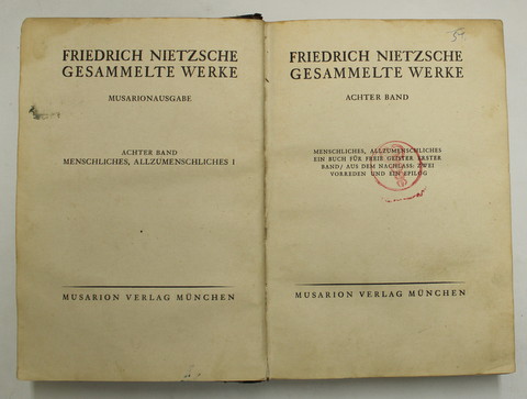 NIETZSCHES GESAMMELTE WERKE , ACHTER BAND , MENSCHLICHES , ALLZUMENSCHLICHES I von FRIEDRICH NIETZSCHE , 1923 *PREZINTA HALOURI DE APA , *COPERTA UZATA