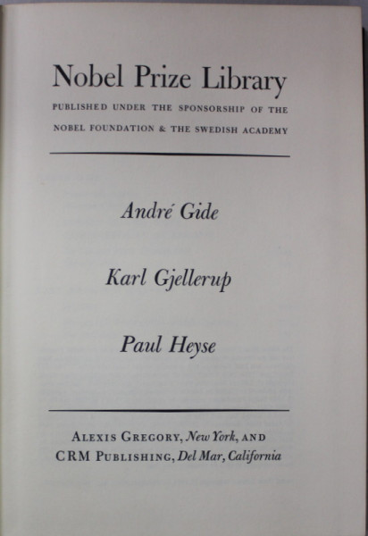 NOBEL PRIZE LIBRARY - ANDRE GIDE , KARL GJELLERUP , PAUL HEYSE , 1971