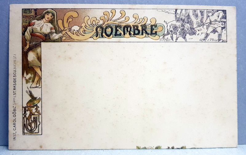 CARTE POSTALA CLASICA , 1894 - 1905 , ART NOUVEAU , LUNA NOEMBRIE    - ALEGORIE CU TARANCA CU FURCA DE TORS , VANATOARE DE MISTRETI  , DESEN DE E.N. GHIKA , INST. CAROL GOBL , CROMOLITOGRAFIE , NECIRCULATA , CLASICA